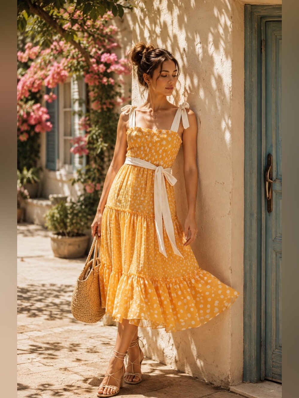 River Island Polka Dot Shirred Midi Beach Dress In Orange